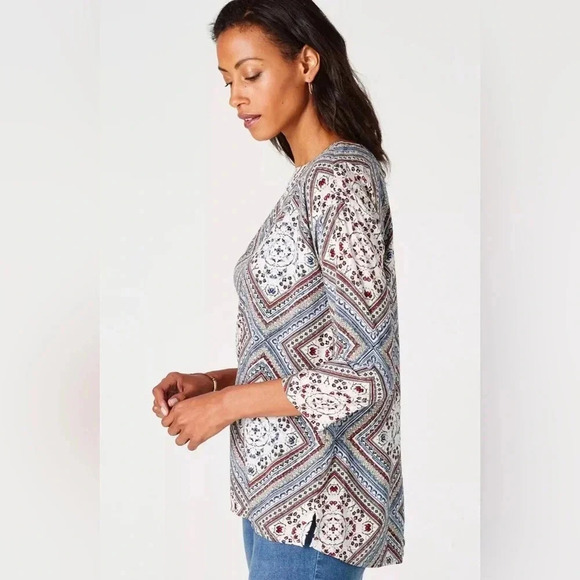 J Jill diamond pattern 3/4 sleeve blouse button back size medium A26 - Picture 3 of 10